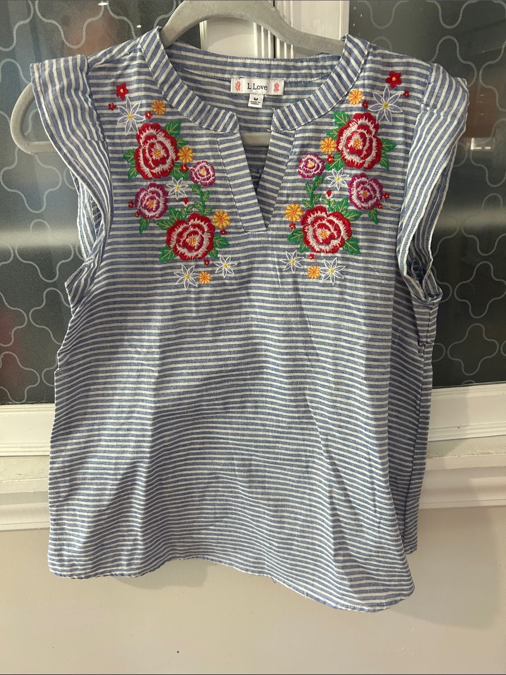 L Love Blue & White Striped Sleeveless Top with Floral Embroidery